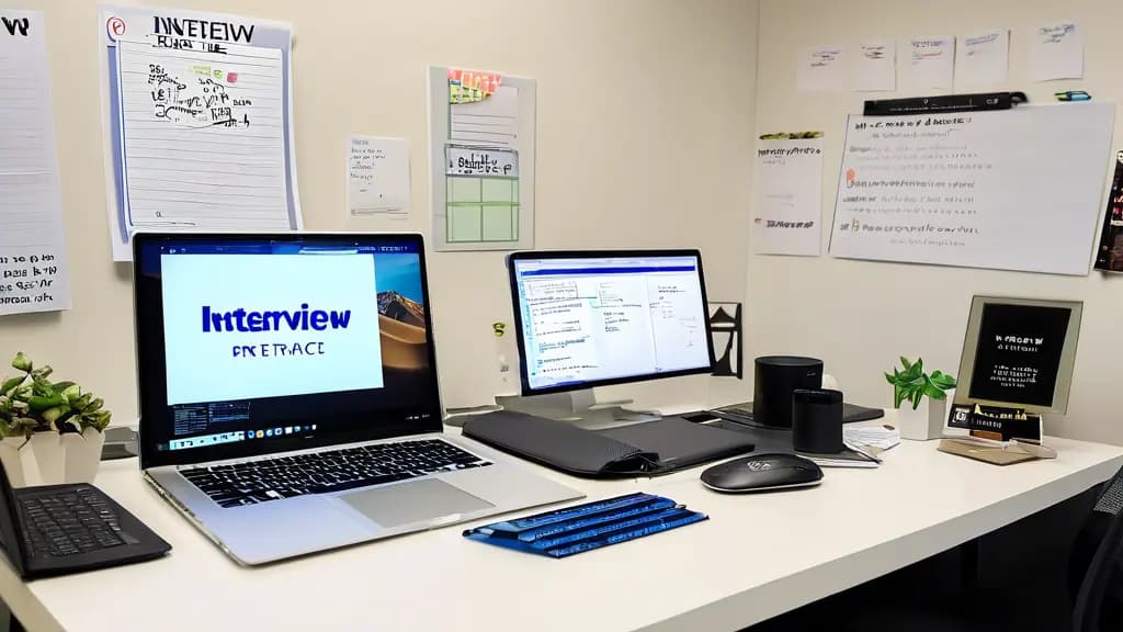 A tidy desk setup featuring two laptops displaying interview preparation materials, surrounded by organized notes and stationery, ideal for interview prep.